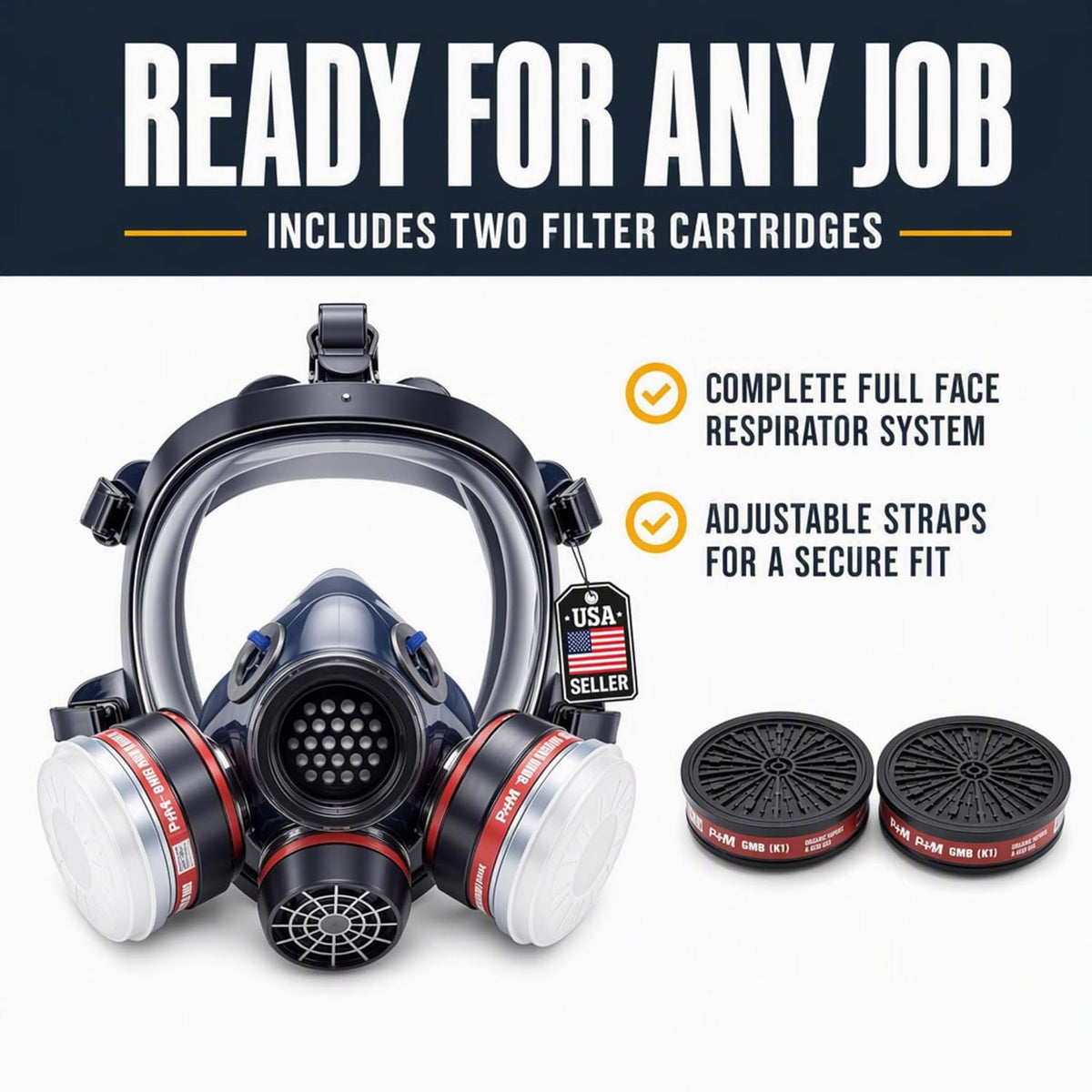 Full Face Organic Vapor Respirator - with Anti-Fog Heavy Duty Lens & Adjustable - Chemical, & Particulate Respirator. Includes 2 Filter Cartridges - Industrial Grade
