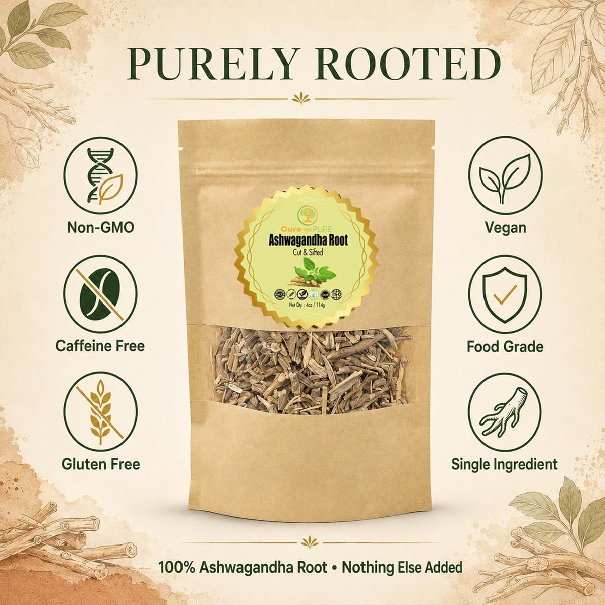 Cure wid Pure Organic Ashwagandha Root 4oz Cut & Sifted Ashwagandha Tea