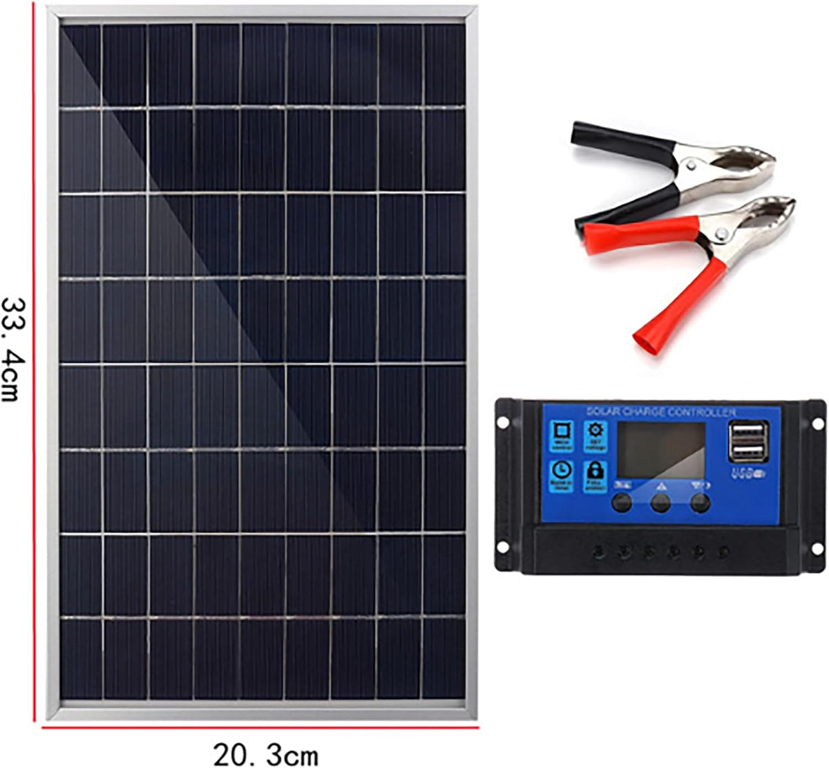 Solar Panel Kit 10W 12V Mono crystalline with 10A Solar Charge Controller + Extension Cable with Battery Clips