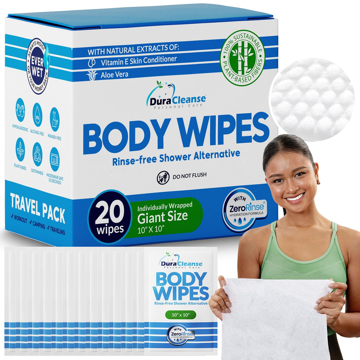 XL Body Wipes for Camping & Outdoor - No Rinse Shower Wipes - 100 Ct (2pk)