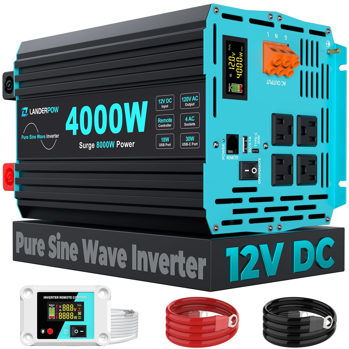 3000W Pure Sine Wave Inverter 12V DC to 120V AC 6000W Peak for RV
