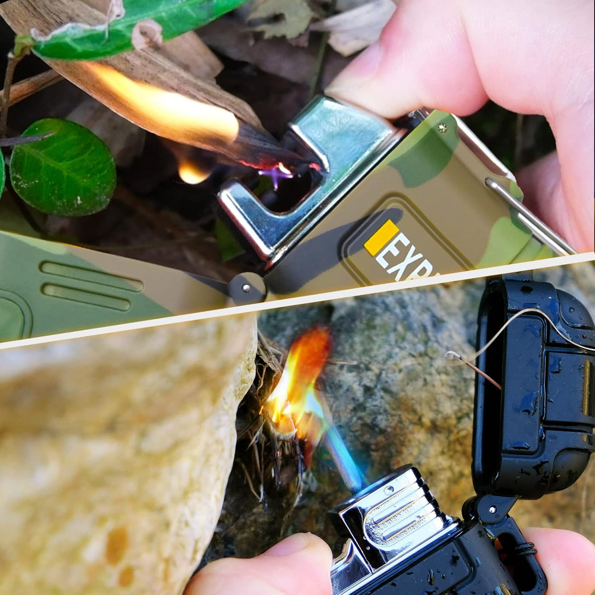 2 Pack Waterproof Lighter Outdoor Windproof Torch Lighters Dual Arc Butane Electric Lighters USB Rechargeable Lighters Flameless Plasma Lighter Camping Hiking Adventure Survival Tactical Gear