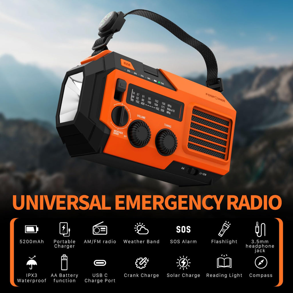 FosPower NOAA Emergency Weather Radio A1 7400mWh Solar Hand Crank (Orange)