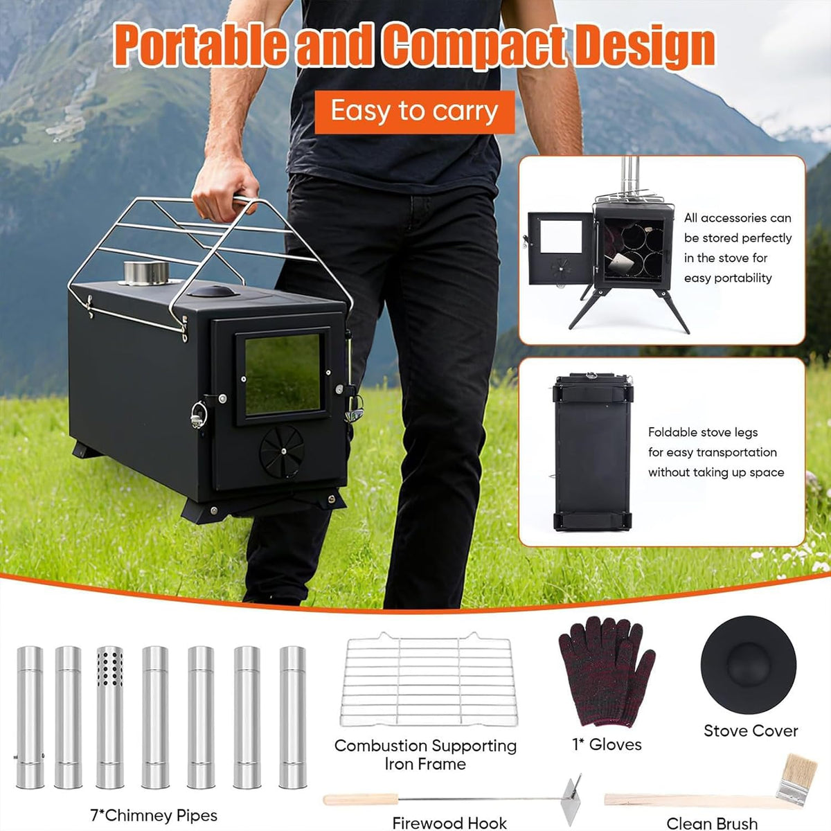 Hot Tent Stove,AVOFOREST Wood Burning Stove,Small Wood Stove with 7 Stainless Chimney Pipes for Outdoor Heating & Cooking, Ice Fishing, Hunting
