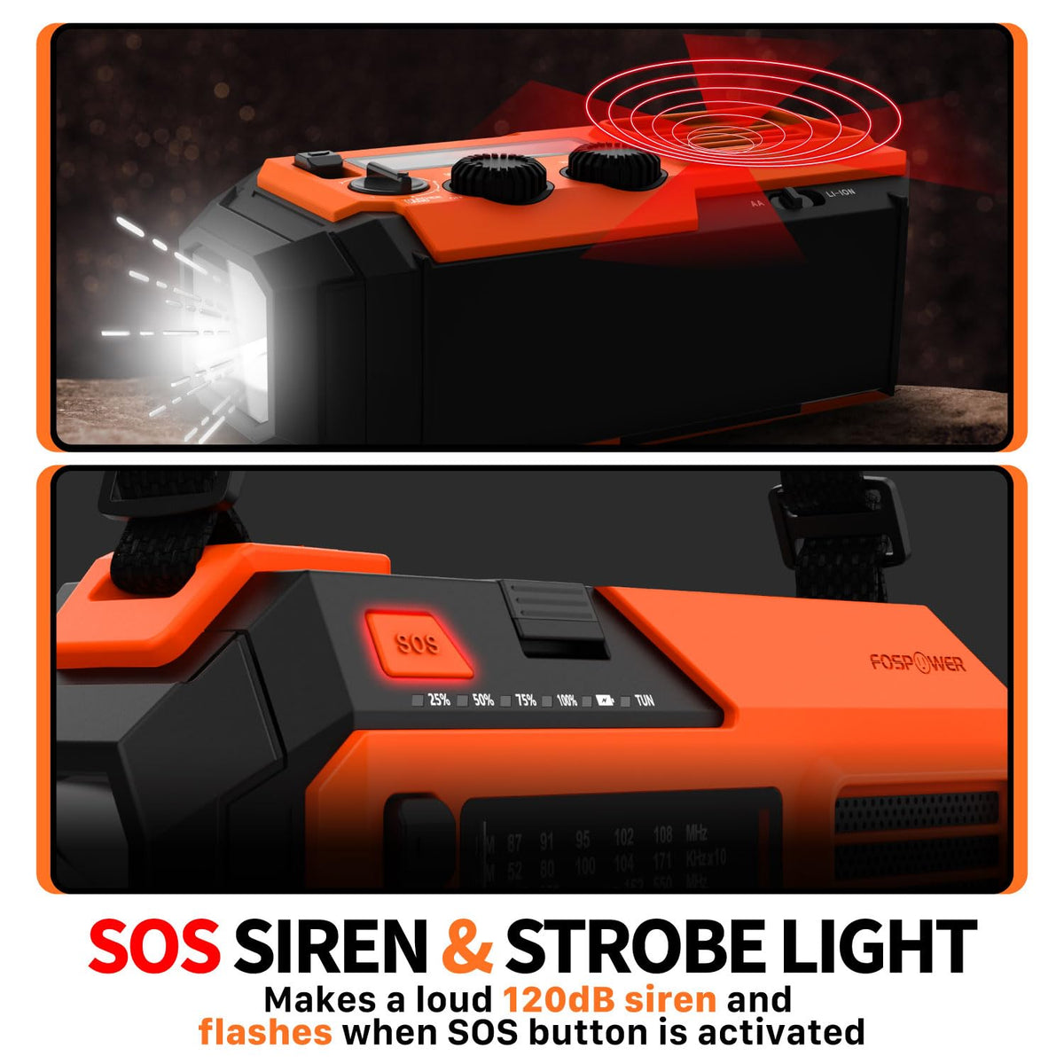 FosPower NOAA Emergency Weather Radio A1 7400mWh Solar Hand Crank (Orange)
