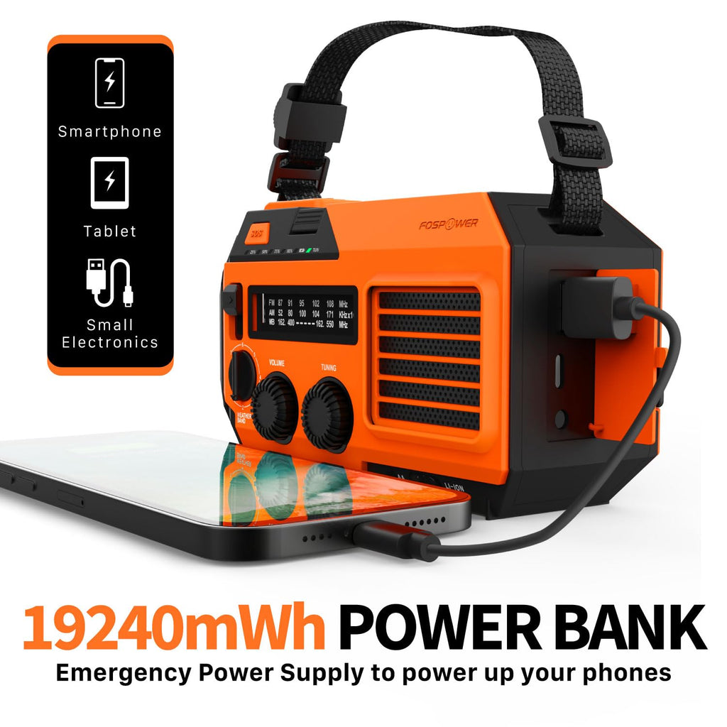 FosPower NOAA Emergency Weather Radio A1 7400mWh Solar Hand Crank (Orange)