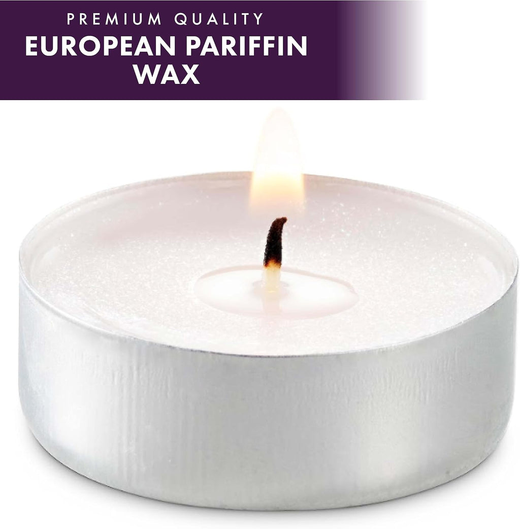 MontoPack Unscented Tea Light Candles 100 Pack | 4 hours, White, Smokeless, Dripless Small Votive Paraffin Tealights | Long-Lasting for Home, Shabbat, Weddings, Events, Emergencies | Mini Candles Bulk