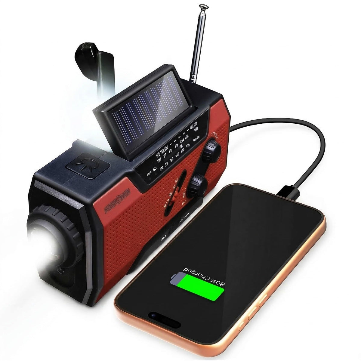 FosPower NOAA Emergency Weather Radio A1 7400mWh Solar Hand Crank (Orange)