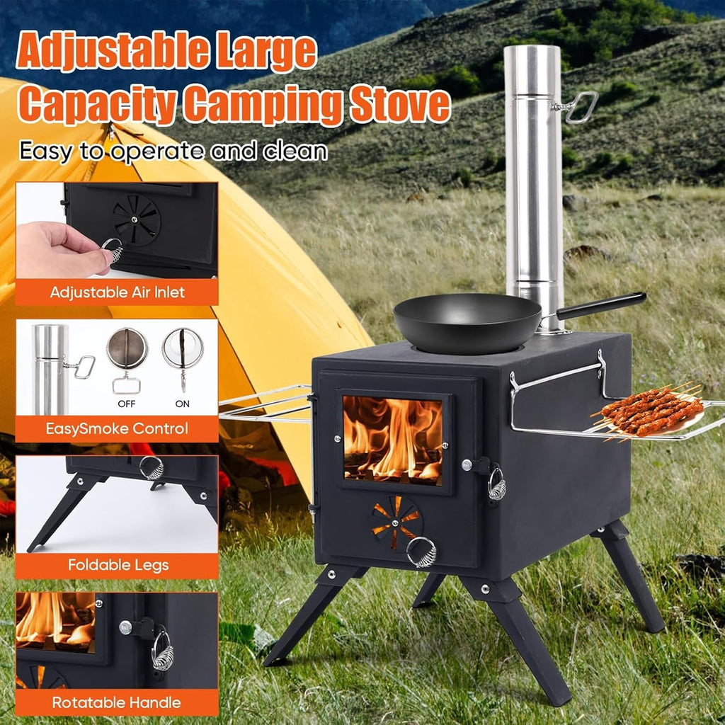 Hot Tent Stove,AVOFOREST Wood Burning Stove,Small Wood Stove with 7 Stainless Chimney Pipes for Outdoor Heating & Cooking, Ice Fishing, Hunting