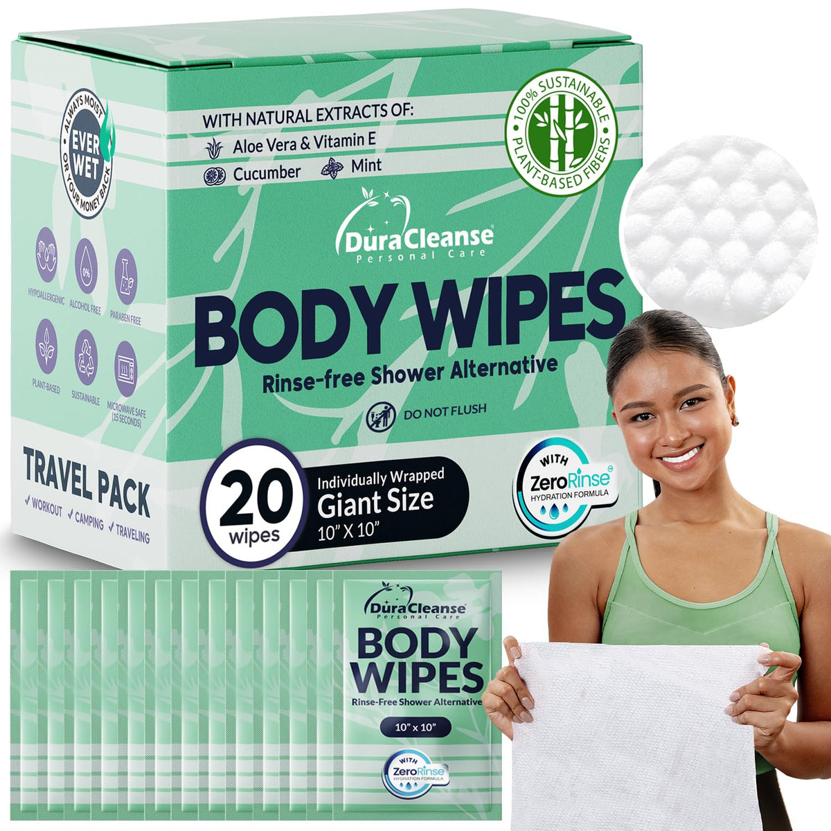 XL Body Wipes for Camping & Outdoor - No Rinse Shower Wipes - 100 Ct (2pk)