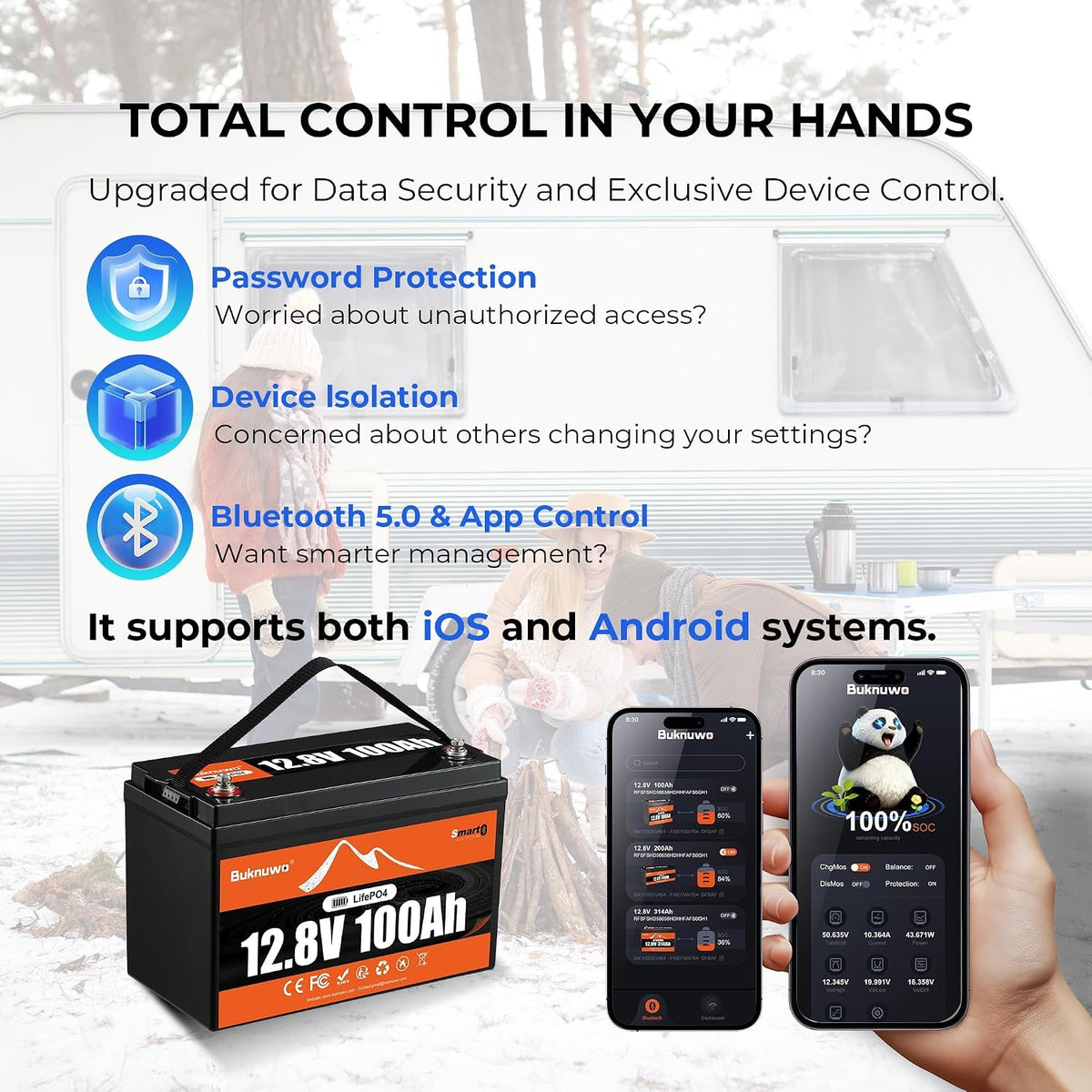 12V 100Ah LiFePO4 Lithium Battery with Bluetooth,15000+ Cycles Lithium Battery for Trolling Motor, Off-Grid,Boat,RV, Marine, Solar (12.8V 100Ah-Bluetooth)