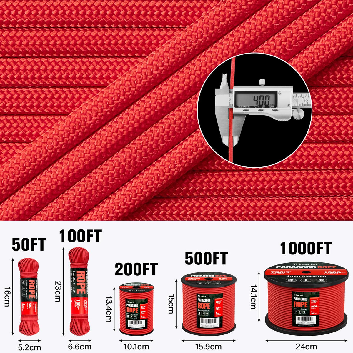 Paracord Rope 750 lb - 1000ft / 500ft / 200ft / 100ft 5/32" Parachute Cord 4MM 12-Strand para Cord - Heavy Duty Spool String for Survival,Camping Gear, Survival Bracelet, Clothesline