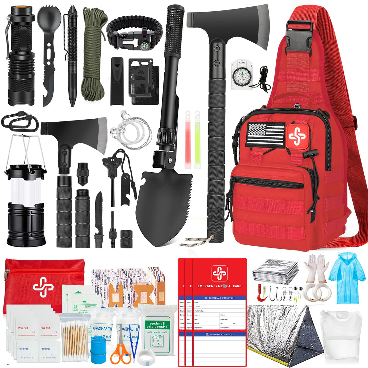 Survival Kit, 262 Piece Survival Gear and Supplies with First Aid Kit Pouch and Crossbody Bag