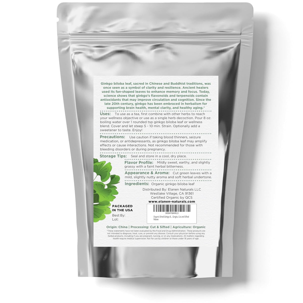 Organic Dried Ginkgo Biloba Leaves 4 oz (113g), USDA Certified Organic Ginkgo Leaf Herb Tea, Ginko Biloba Tea, Gingko, Cut and Sifted