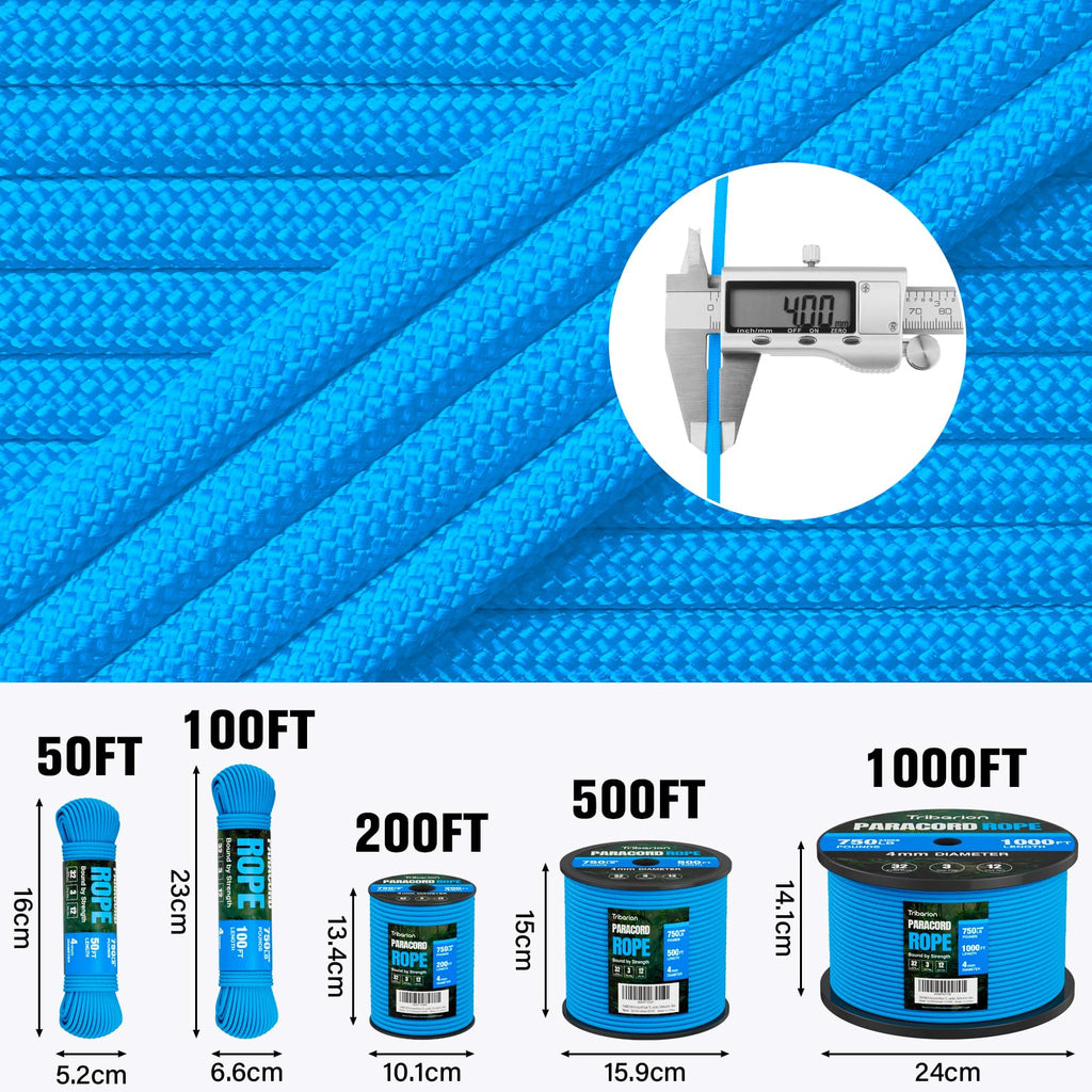 Paracord Rope 750 lb - 1000ft / 500ft / 200ft / 100ft 5/32" Parachute Cord 4MM 12-Strand para Cord - Heavy Duty Spool String for Survival,Camping Gear, Survival Bracelet, Clothesline