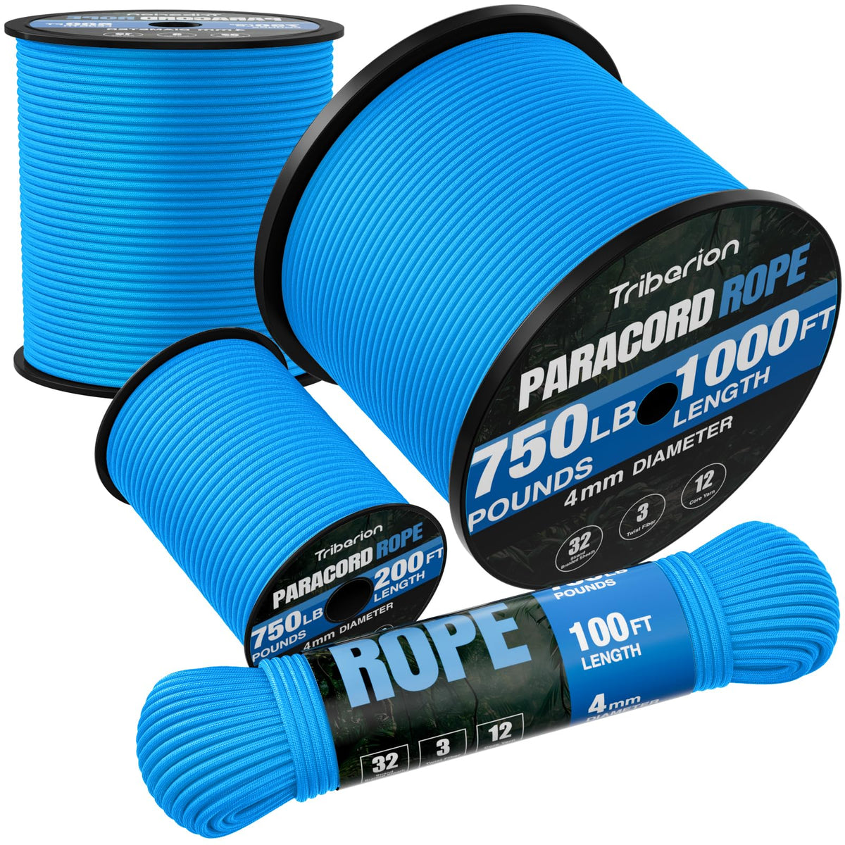 Paracord Rope 750 lb - 1000ft / 500ft / 200ft / 100ft 5/32" Parachute Cord 4MM 12-Strand para Cord - Heavy Duty Spool String for Survival,Camping Gear, Survival Bracelet, Clothesline