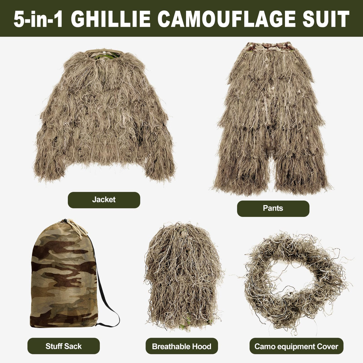 DoCred 5-In-1 Ghillie Suit, 3D Camouflage Hunting Suit