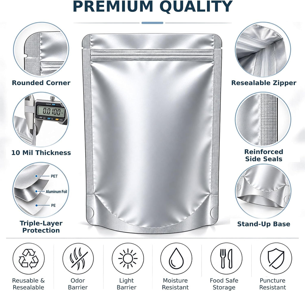 100 Mylar Bags with Oxygen Absorbers and Labels, 3 Sizes for Food Storage