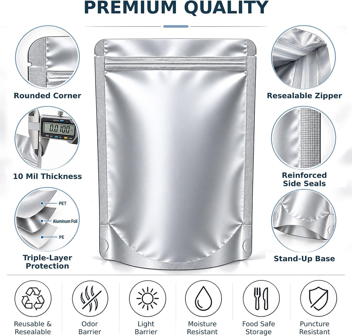 100 Mylar Bags with Oxygen Absorbers and Labels, 3 Sizes for Food Storage