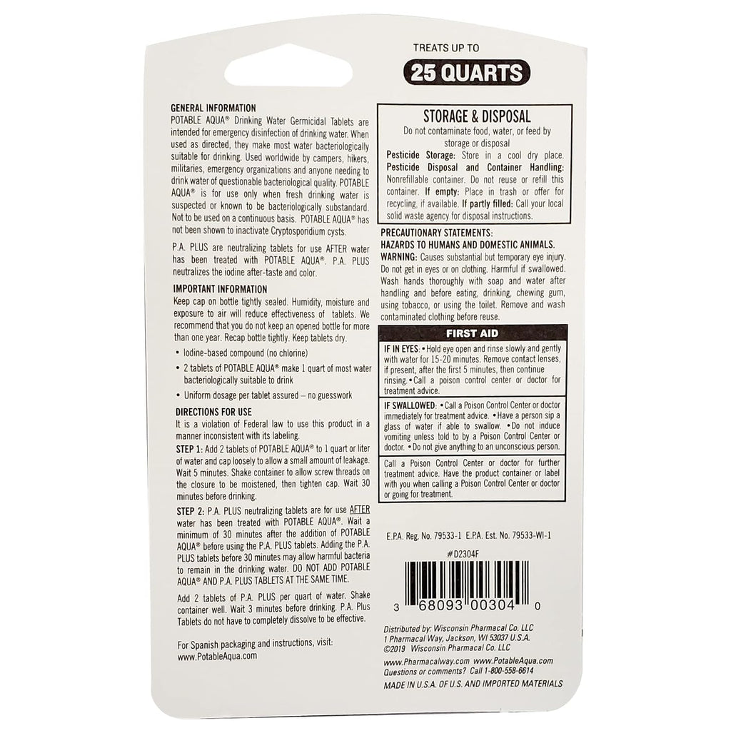 Potable Aqua Water Purification Tablets With PA Plus - Two 50 count Bottles