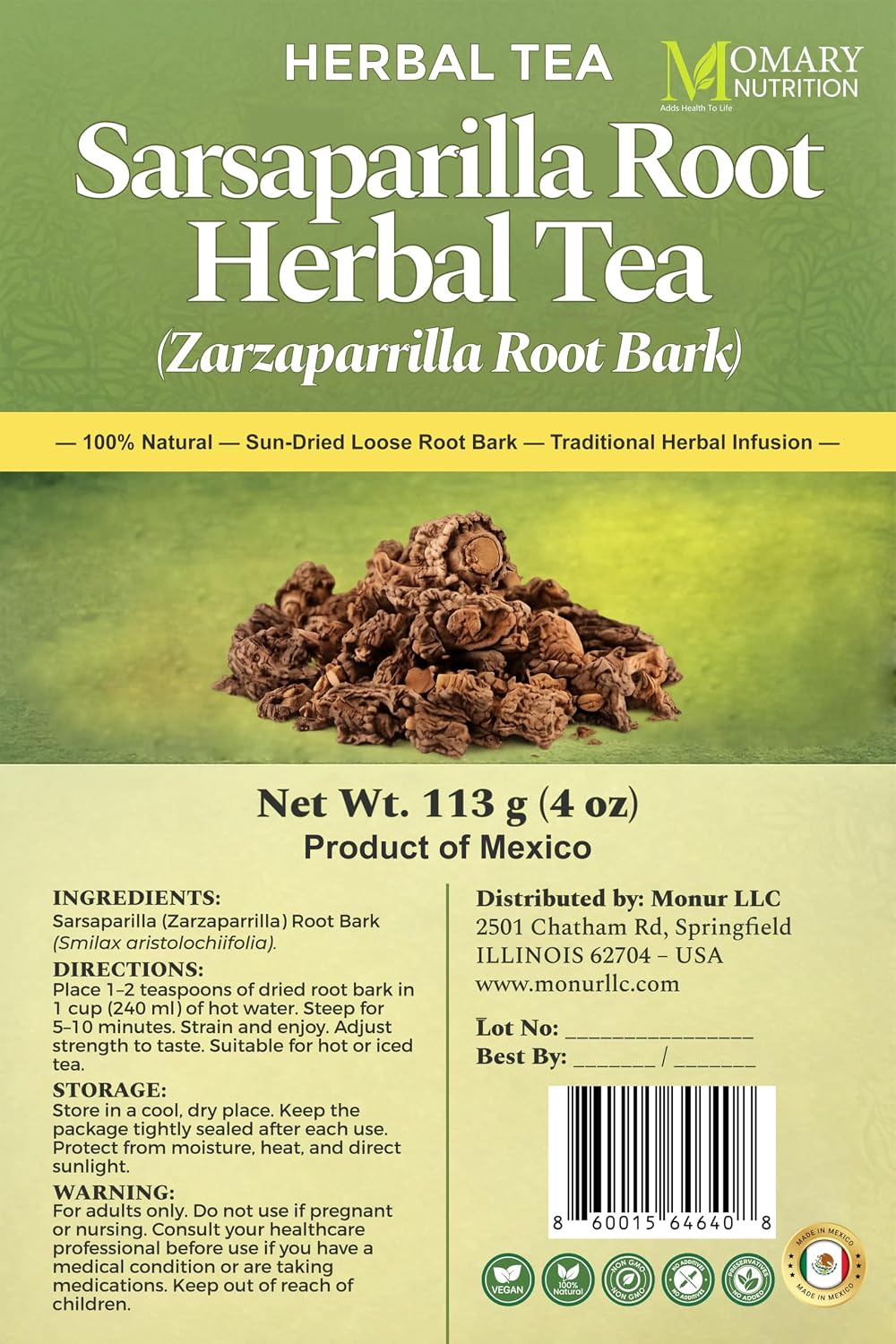 Sarsaparilla Root Herbal Tea — Zarzaparrilla Root Bark (Smilax aristolochiifolia) — 100% Natural — Sun-Dried Loose Bark — Caffeine Free Traditional Mexican Herbal Infusion — Net Wt. 113 g (4 oz)