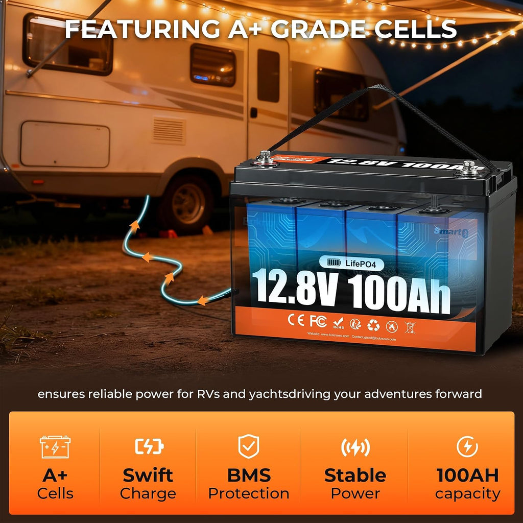 12V 100Ah LiFePO4 Lithium Battery with Bluetooth,15000+ Cycles Lithium Battery for Trolling Motor, Off-Grid,Boat,RV, Marine, Solar (12.8V 100Ah-Bluetooth)