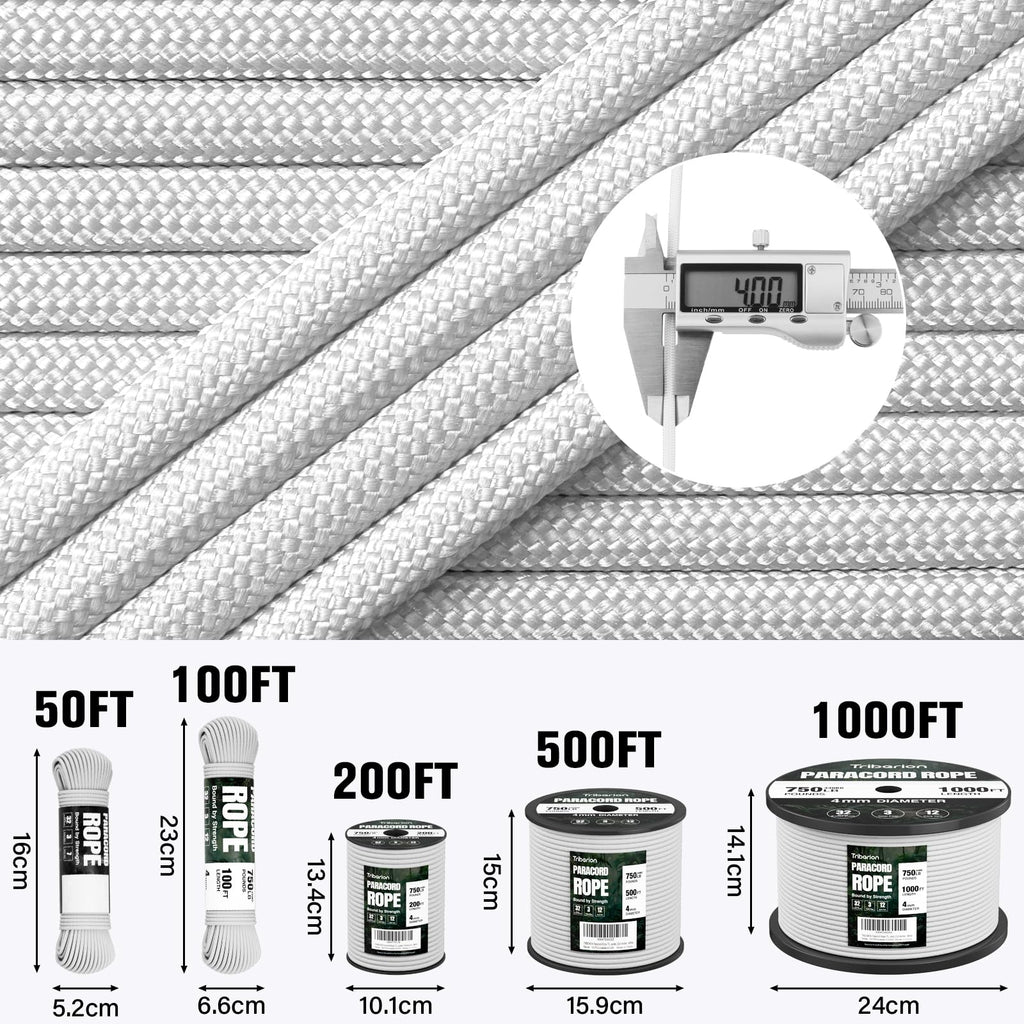Paracord Rope 750 lb - 1000ft / 500ft / 200ft / 100ft 5/32" Parachute Cord 4MM 12-Strand para Cord - Heavy Duty Spool String for Survival,Camping Gear, Survival Bracelet, Clothesline