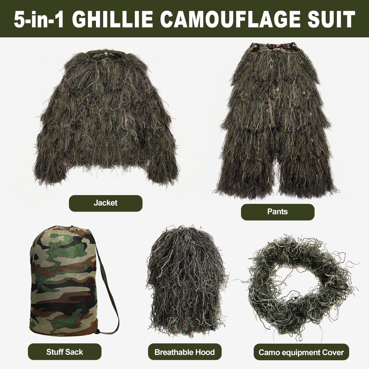 DoCred 5-In-1 Ghillie Suit, 3D Camouflage Hunting Suit