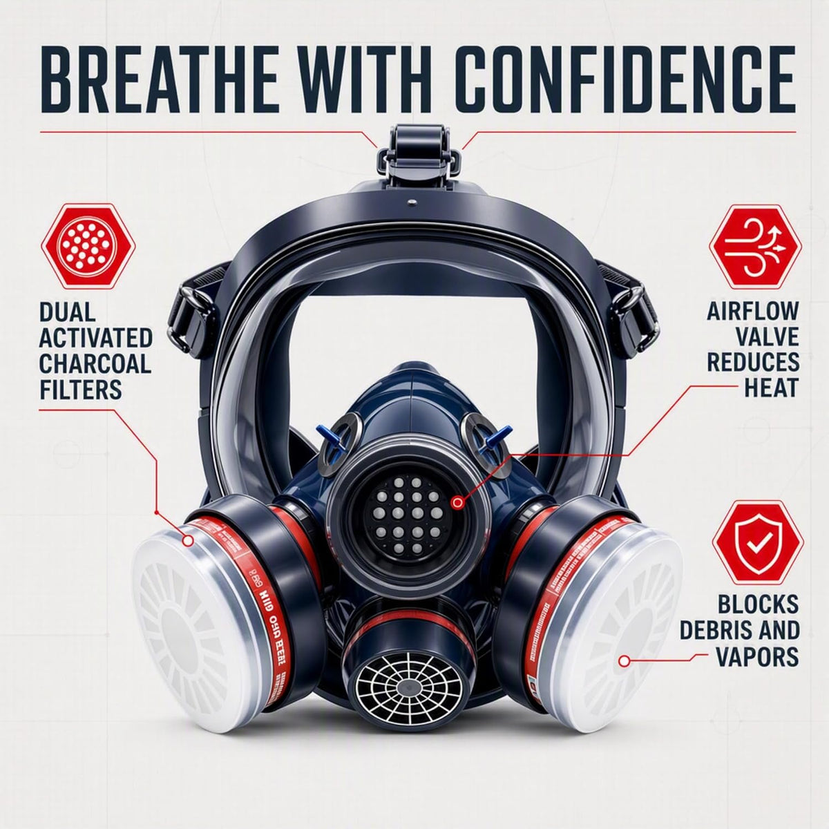Full Face Organic Vapor Respirator - with Anti-Fog Heavy Duty Lens & Adjustable - Chemical, & Particulate Respirator. Includes 2 Filter Cartridges - Industrial Grade