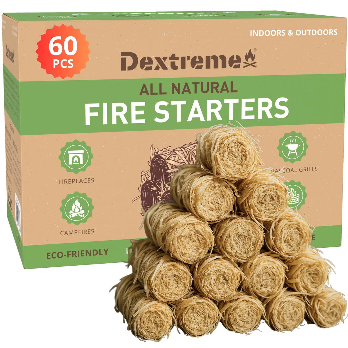 Dextreme Fire Starter (120 PCS) Natural Fire Starters for Campfire, Charcoal Starter, Fireplace, Wood Stove, BBQ, Chimney, Fire Pit, and Grill | All Weather, Odorless, Non-Toxic, w/10 Min Burning Time