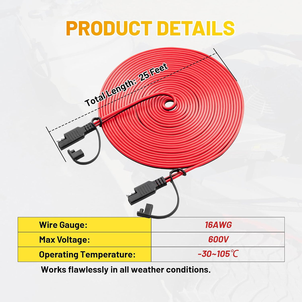 25FT Battery Charger SAE Extension Cable 16AWG, 2 Pin SAE Quick Connector for Solar Panel,Automotive,Charging, Trolling Motor with Reversing Adapter