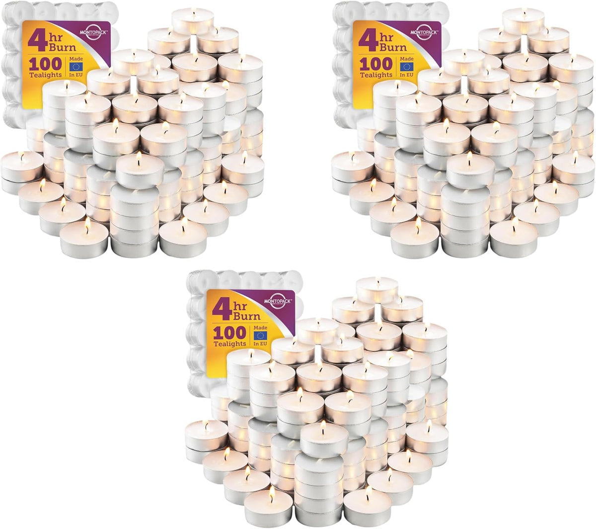 MontoPack Unscented Tea Light Candles 100 Pack | 4 hours, White, Smokeless, Dripless Small Votive Paraffin Tealights | Long-Lasting for Home, Shabbat, Weddings, Events, Emergencies | Mini Candles Bulk