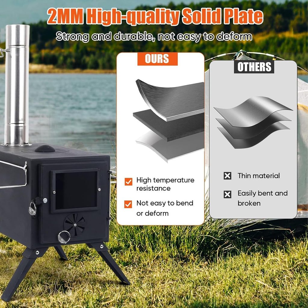 Hot Tent Stove,AVOFOREST Wood Burning Stove,Small Wood Stove with 7 Stainless Chimney Pipes for Outdoor Heating & Cooking, Ice Fishing, Hunting