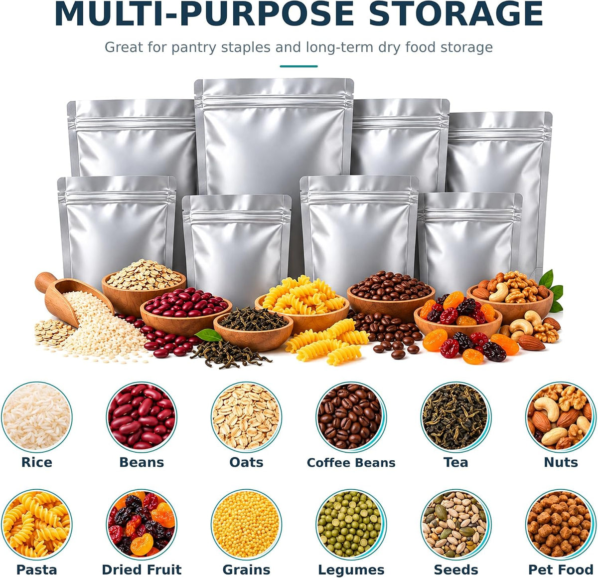 100 Mylar Bags with Oxygen Absorbers and Labels, 3 Sizes for Food Storage
