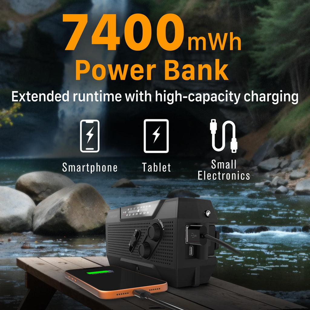 FosPower NOAA Emergency Weather Radio A1 7400mWh Solar Hand Crank (Orange)