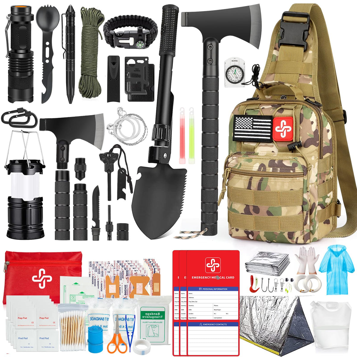 Survival Kit, 262 Piece Survival Gear and Supplies with First Aid Kit Pouch and Crossbody Bag