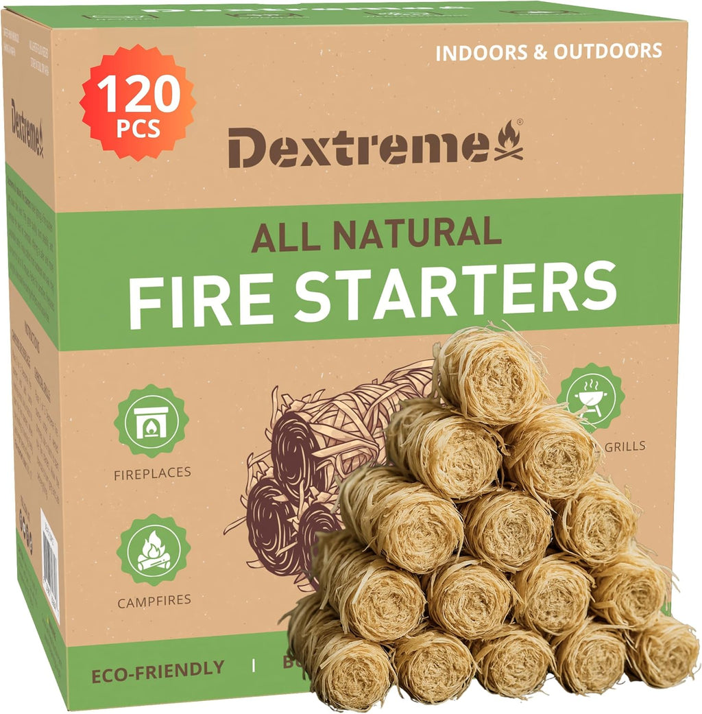 Dextreme Fire Starter (120 PCS) Natural Fire Starters for Campfire, Charcoal Starter, Fireplace, Wood Stove, BBQ, Chimney, Fire Pit, and Grill | All Weather, Odorless, Non-Toxic, w/10 Min Burning Time
