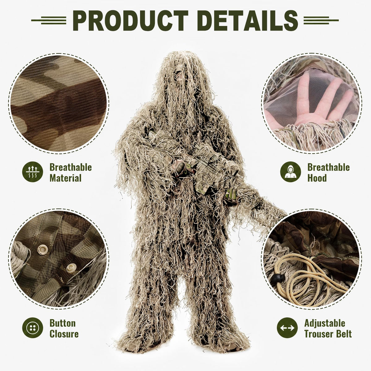DoCred 5-In-1 Ghillie Suit, 3D Camouflage Hunting Suit