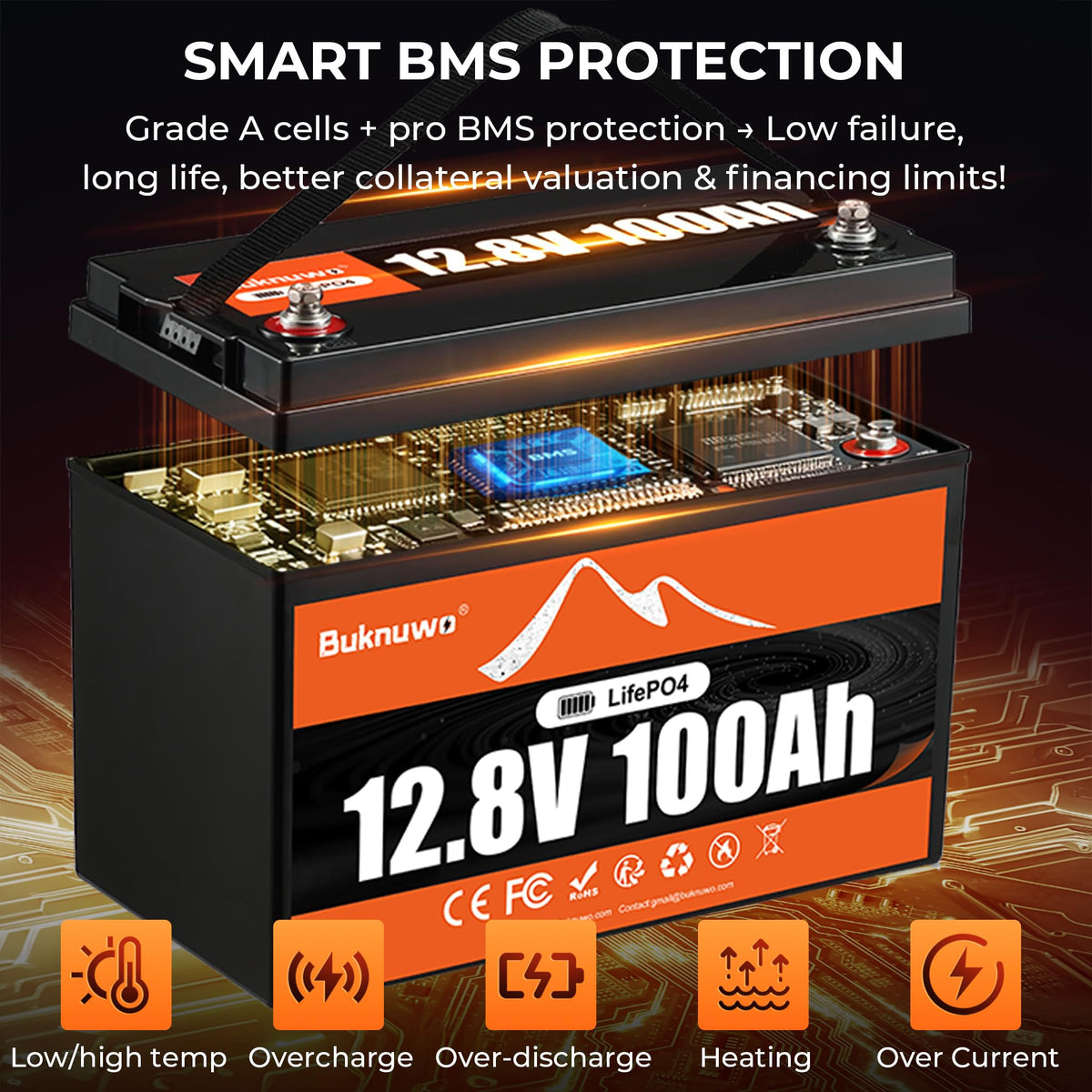 12V 100Ah LiFePO4 Lithium Battery with Bluetooth,15000+ Cycles Lithium Battery for Trolling Motor, Off-Grid,Boat,RV, Marine, Solar (12.8V 100Ah-Bluetooth)