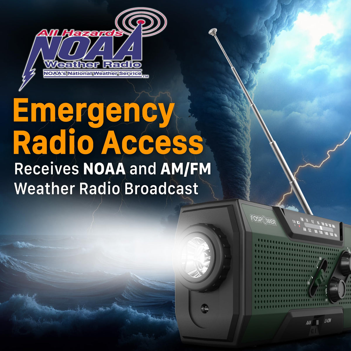 FosPower NOAA Emergency Weather Radio A1 7400mWh Solar Hand Crank (Orange)