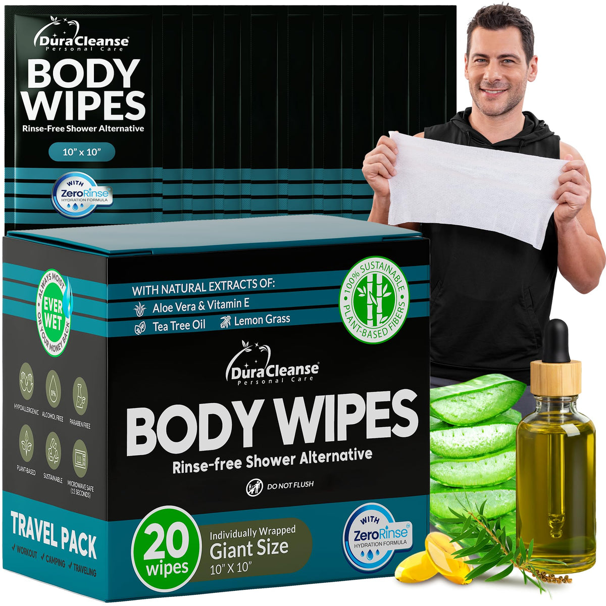 XL Body Wipes for Camping & Outdoor - No Rinse Shower Wipes - 100 Ct (2pk)