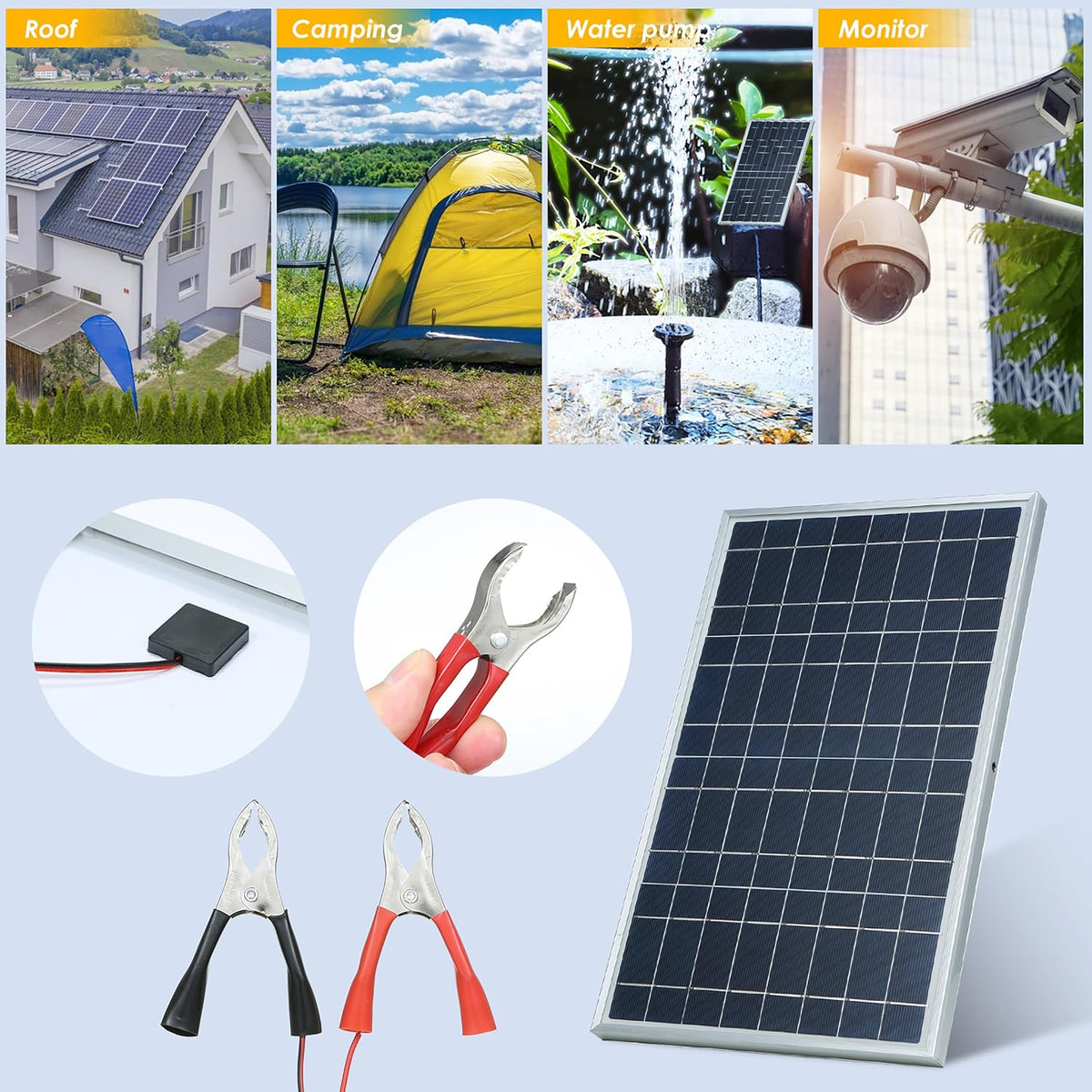 Solar Panel Kit 10W 12V Mono crystalline with 10A Solar Charge Controller + Extension Cable with Battery Clips
