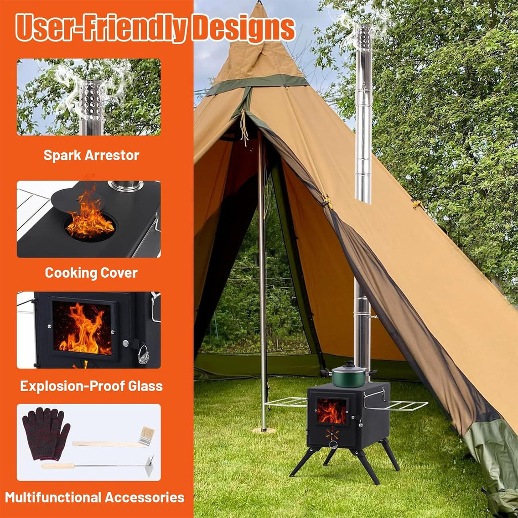 Hot Tent Stove,AVOFOREST Wood Burning Stove,Small Wood Stove with 7 Stainless Chimney Pipes for Outdoor Heating & Cooking, Ice Fishing, Hunting