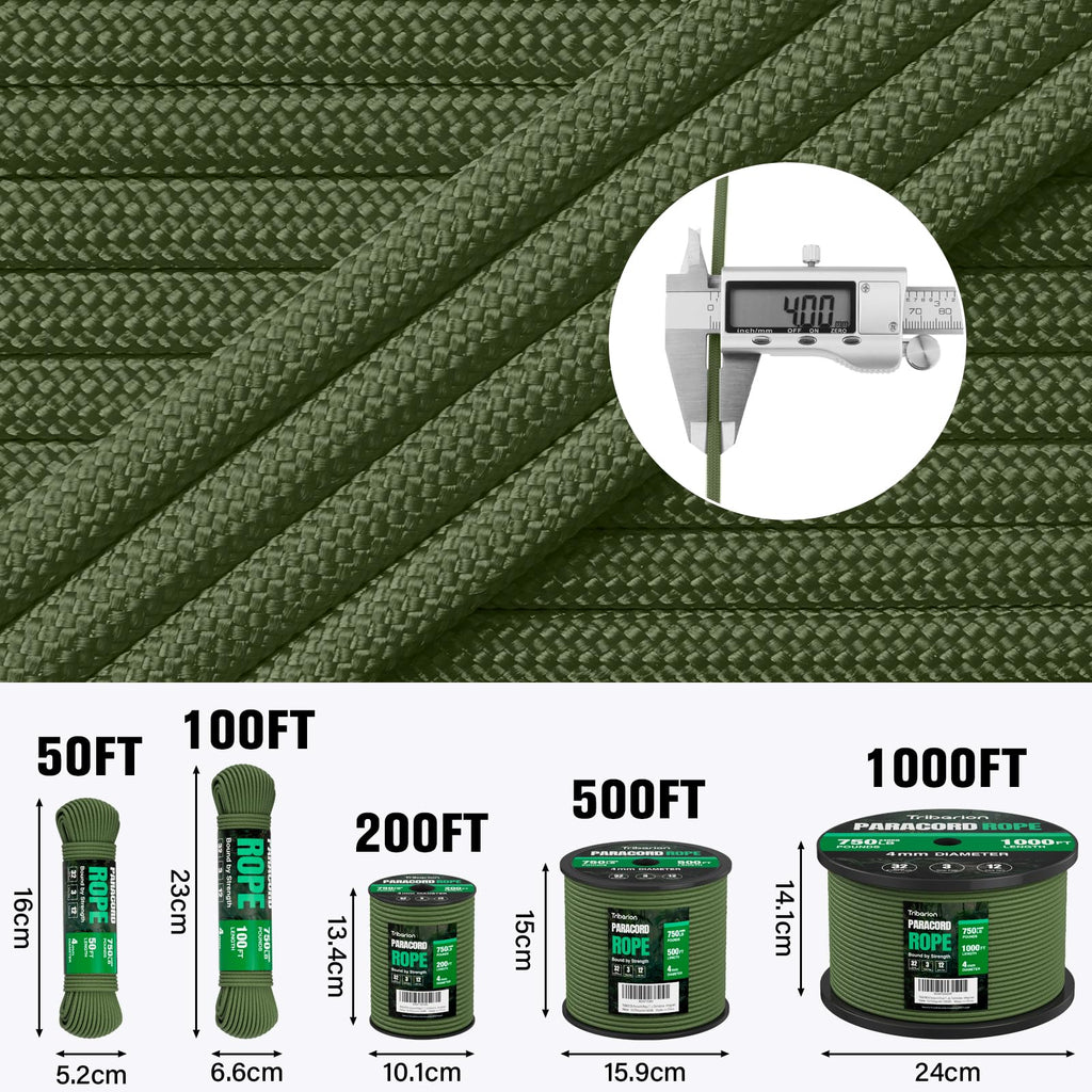 Paracord Rope 750 lb - 1000ft / 500ft / 200ft / 100ft 5/32" Parachute Cord 4MM 12-Strand para Cord - Heavy Duty Spool String for Survival,Camping Gear, Survival Bracelet, Clothesline