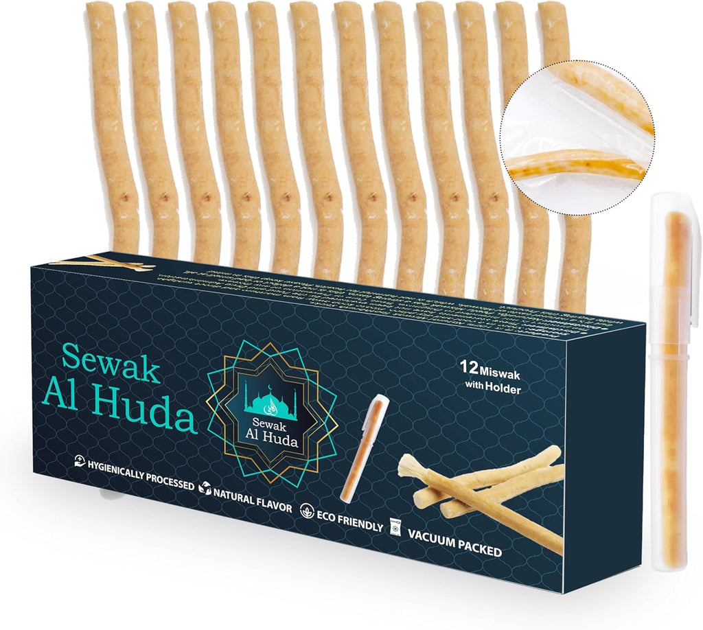 12 Pcs Miswak Sticks with Holder - Vacuum Sealed Chewing Miswak Sticks for Teeth - Natural Flavored Toothbrush for Teeth Whitening, Oral Health, and Fresh Breath || Pack of 12