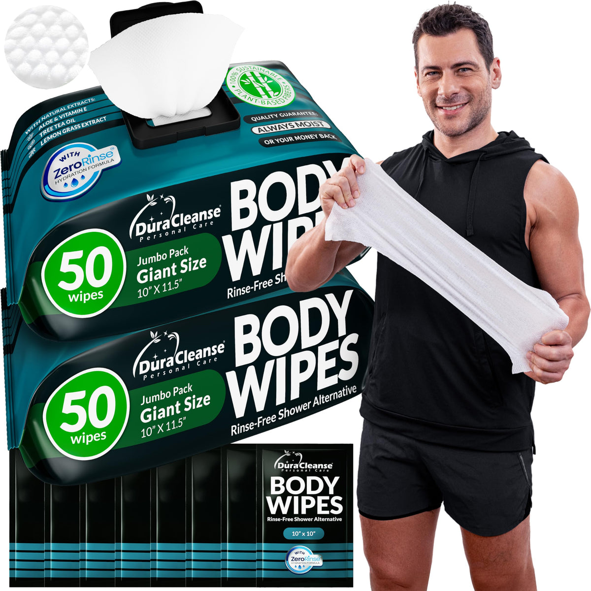 XL Body Wipes for Camping & Outdoor - No Rinse Shower Wipes - 100 Ct (2pk)