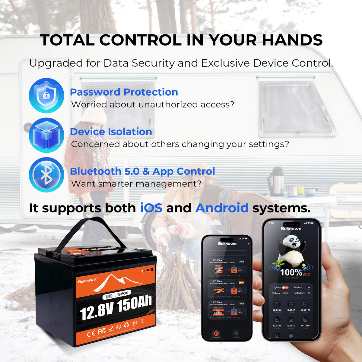12V 100Ah LiFePO4 Lithium Battery with Bluetooth,15000+ Cycles Lithium Battery for Trolling Motor, Off-Grid,Boat,RV, Marine, Solar (12.8V 100Ah-Bluetooth)