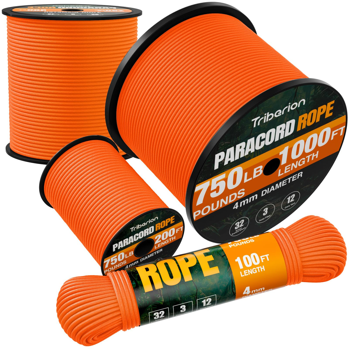 Paracord Rope 750 lb - 1000ft / 500ft / 200ft / 100ft 5/32" Parachute Cord 4MM 12-Strand para Cord - Heavy Duty Spool String for Survival,Camping Gear, Survival Bracelet, Clothesline