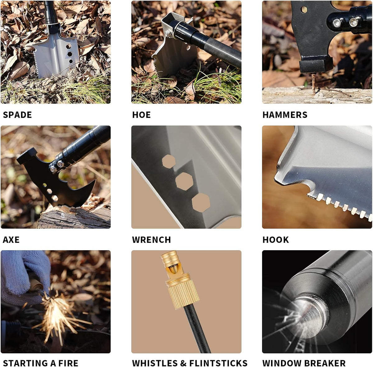 Camping Foldable Digging Shovel, MultiTool Steel Tactical Kit, Military Survival Shovel