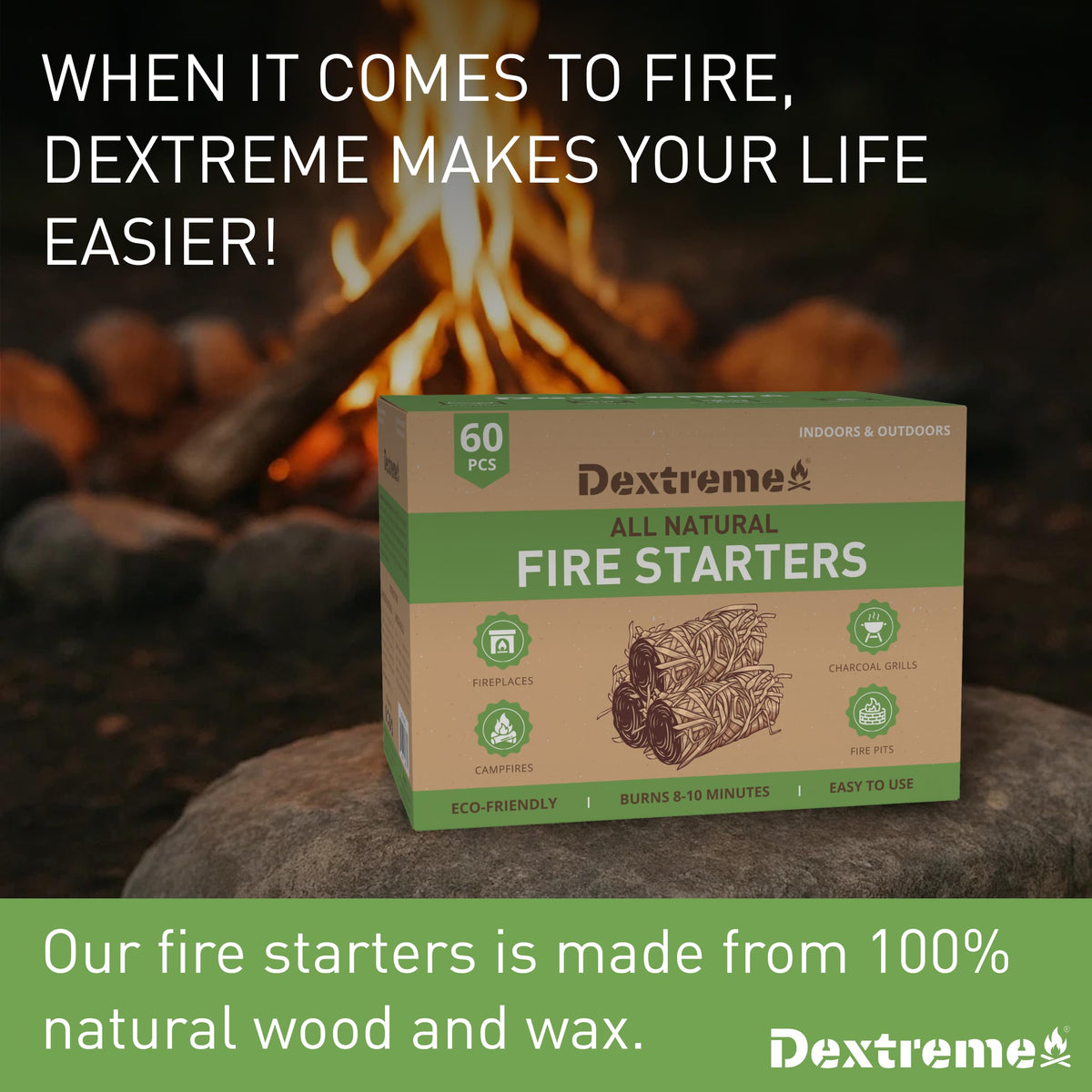 Dextreme Fire Starter (120 PCS) Natural Fire Starters for Campfire, Charcoal Starter, Fireplace, Wood Stove, BBQ, Chimney, Fire Pit, and Grill | All Weather, Odorless, Non-Toxic, w/10 Min Burning Time